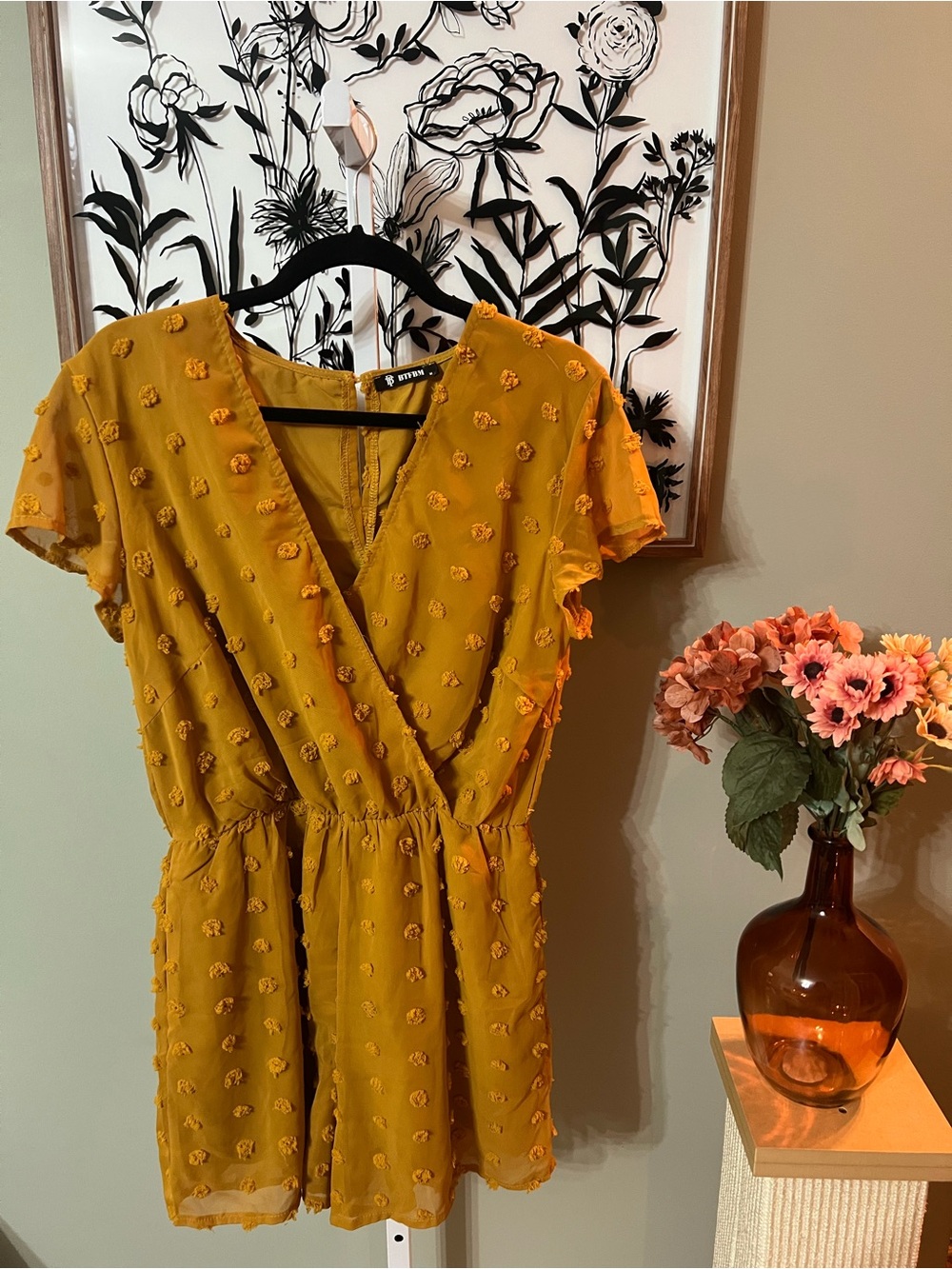 BTFBM Mustard Yellow Oversized Textured Swiss Dots V-Neck Lined Boho Romper M